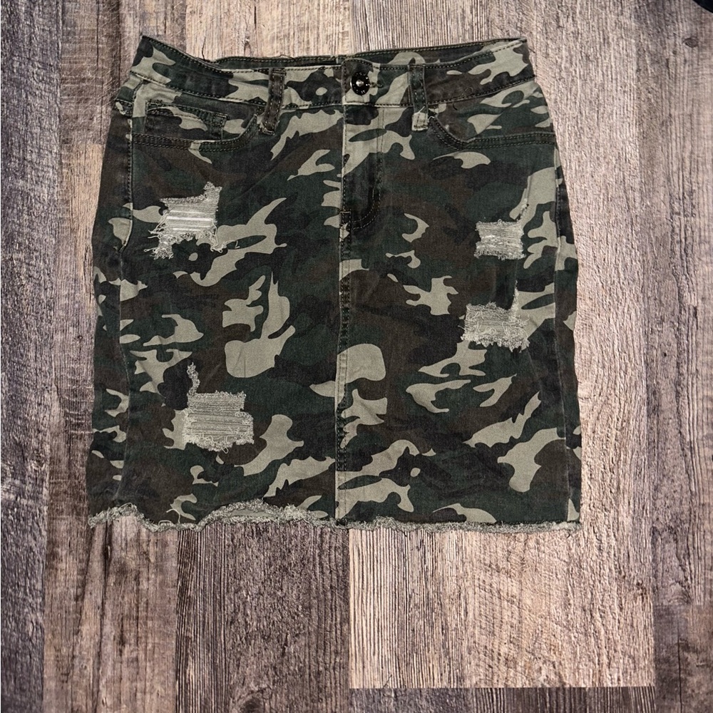 Camo Print Distressed Denim Mini Skirt